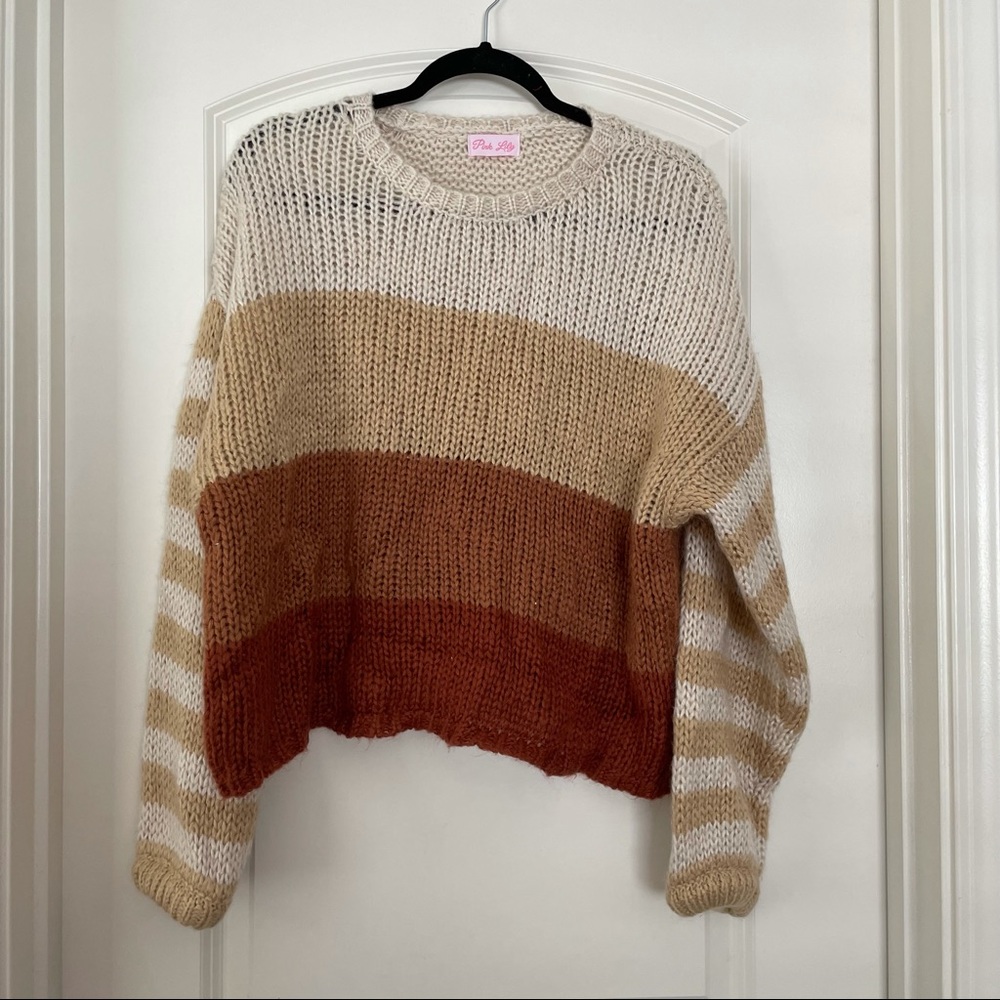Neutral Striped Fall Knit Sweater | Small
